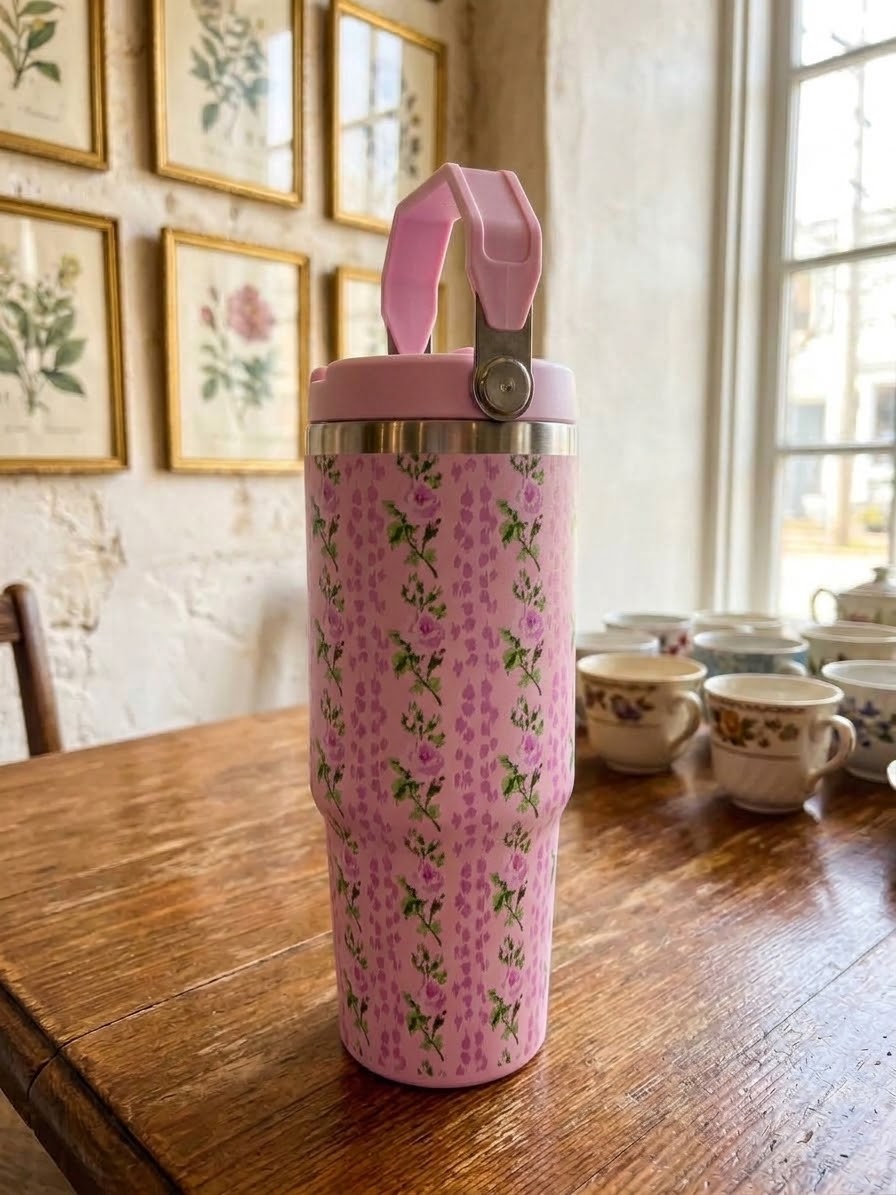 ترمز حراري زهور وردي Floral thermos — صورة 5 من 5