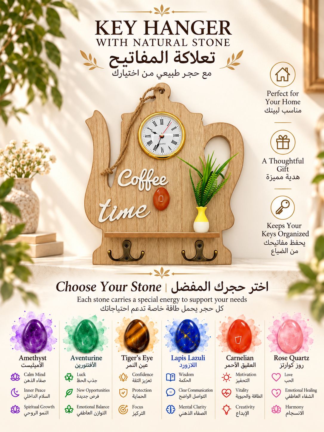 تعلاكة مفاتيح مع ساعة وحجر كريم من اختيارك