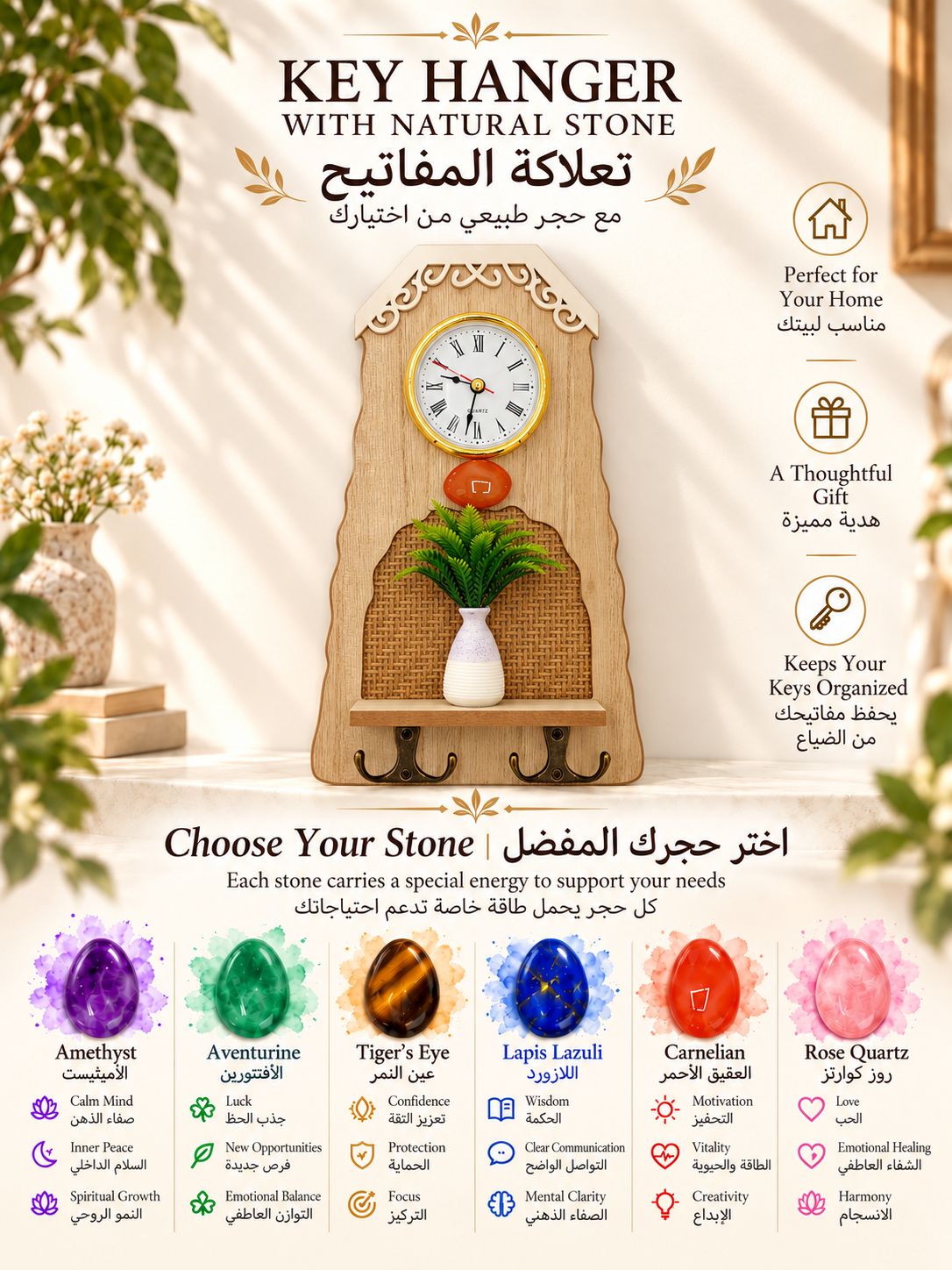 تعلاكة مفاتيح مع ساعة وحجر كريم من اختيارك