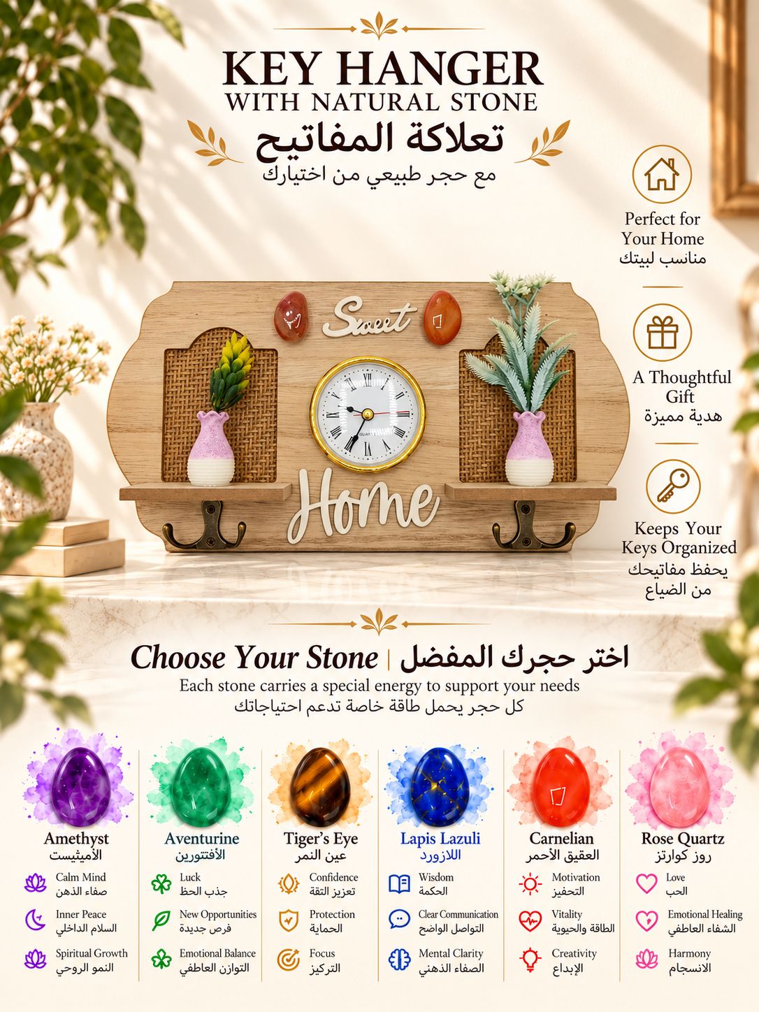 تعلاكة مفاتيح مع حجر طاقة من اختيارك وساعة ... يأتي مع قصة الحجر وتغليف كهدية