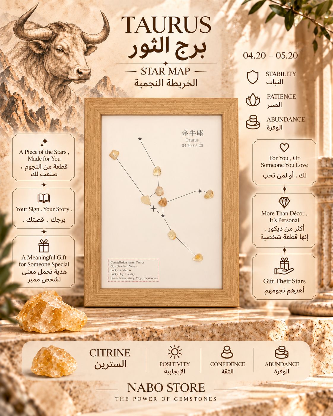 الخريطة النجمية لبرج الثور مع حجر السترين .. يأتي مع اسطورة نشوء البرج وارتباطه بالحجر ... وطبعا يأتي مغلف كهدية خاصة