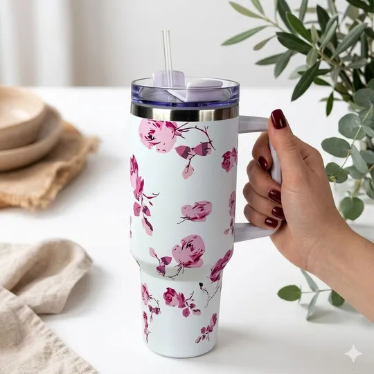 White Floral thermal cup
