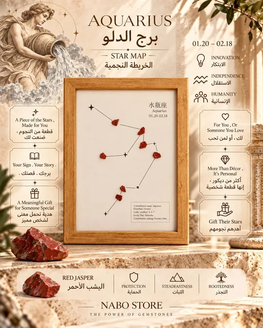 الخريطة النجمية لبرج الدلو مع حجر الريد جاسبر .. مع اسطورة نشوء البرج واسطورة ارتباطه بالحجر .. يأتي مغلف كهدية